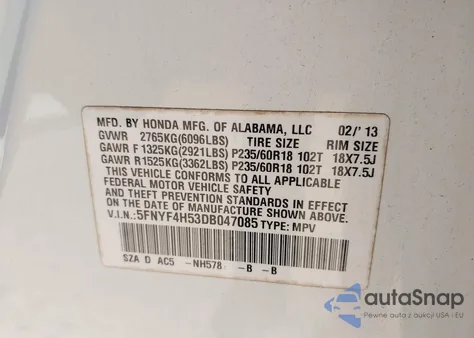 2013 Honda Pilot Ex-L z USA, uszkodzony, nr VIN 5FNYF4H53DB047085